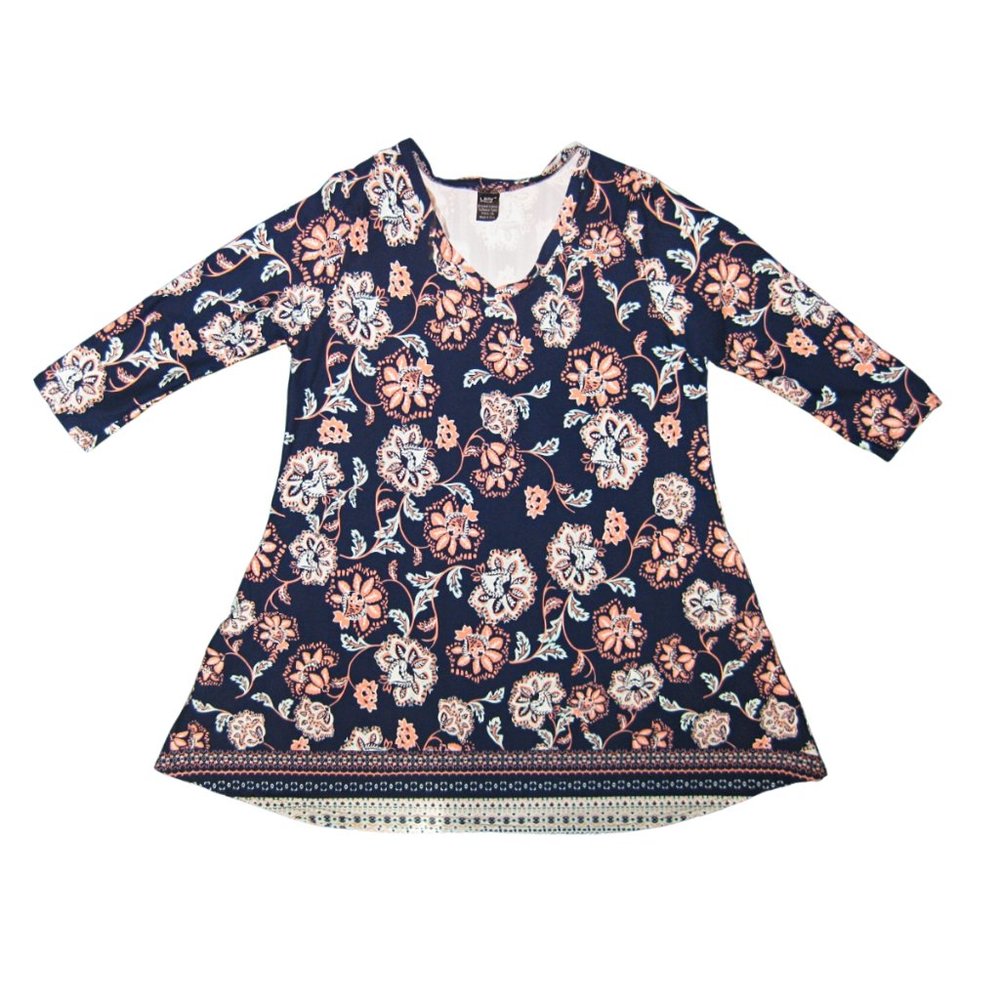 Women's Lildy V Neck Blue Floral Printed 3/4 Sleeve Tunic With Pockets Size L-XL
